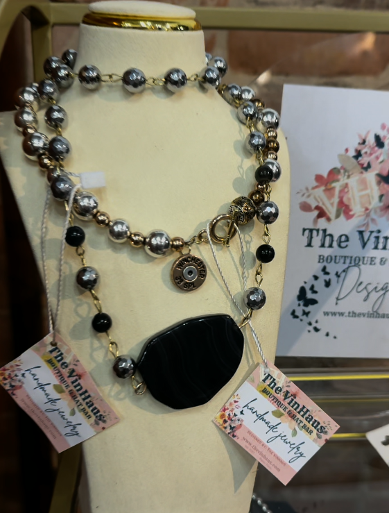 Silver Hematite and black bead with large black Stone Long Necklace