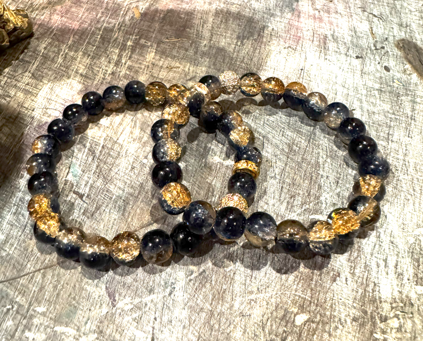 Blue glass beaded bracelets- gold accents with personalized initials