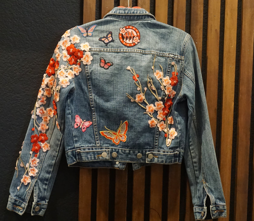 SOLD- Pink Cherry Blossom Denim Jacket. Recreate with $150 deposit