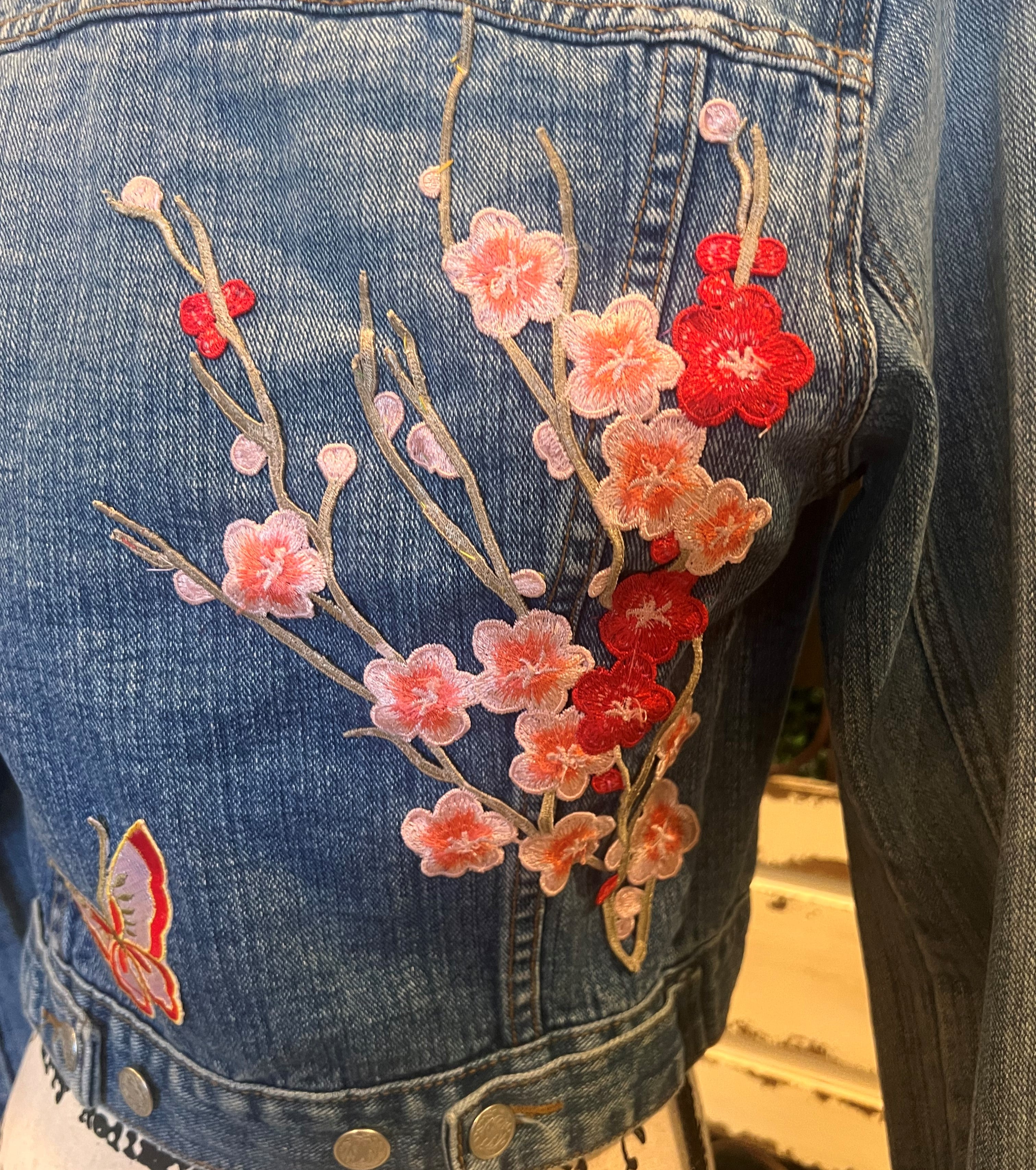 SOLD- Pink Cherry Blossom Denim Jacket. Recreate with $150 deposit