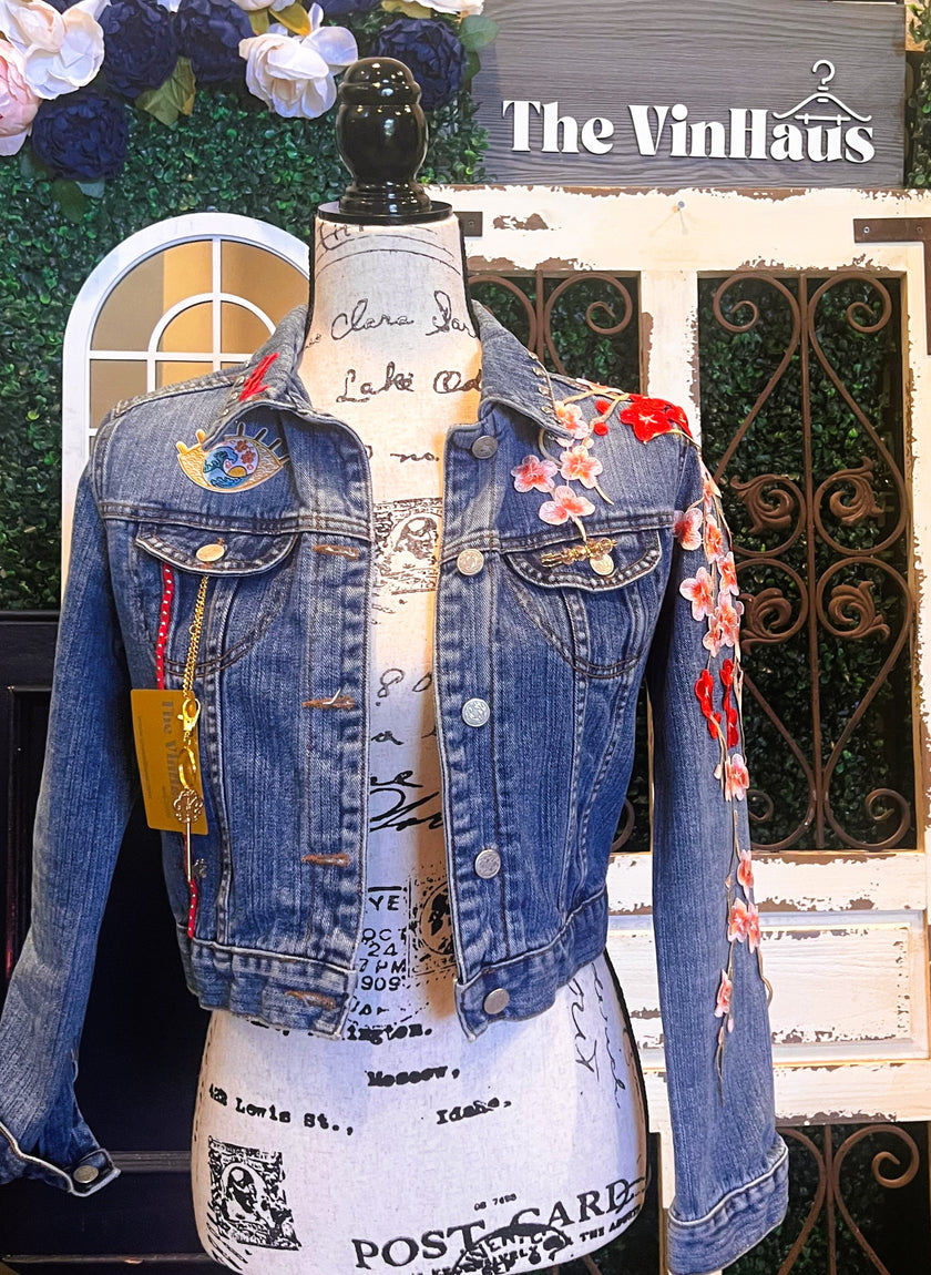 SOLD- Pink Cherry Blossom Denim Jacket. Recreate with $150 deposit