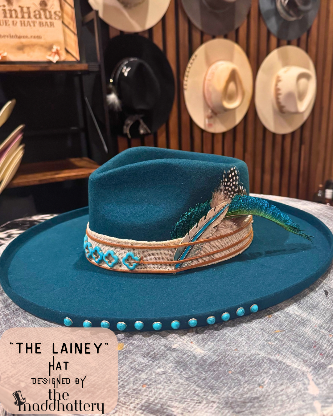 The Lainey - Turquoise Felt Wide Brim Design - one-of-a-kind