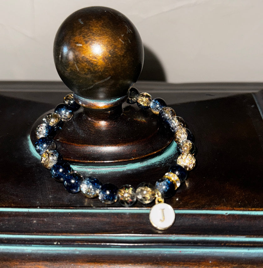 Blue glass beaded bracelets- gold accents with personalized initials