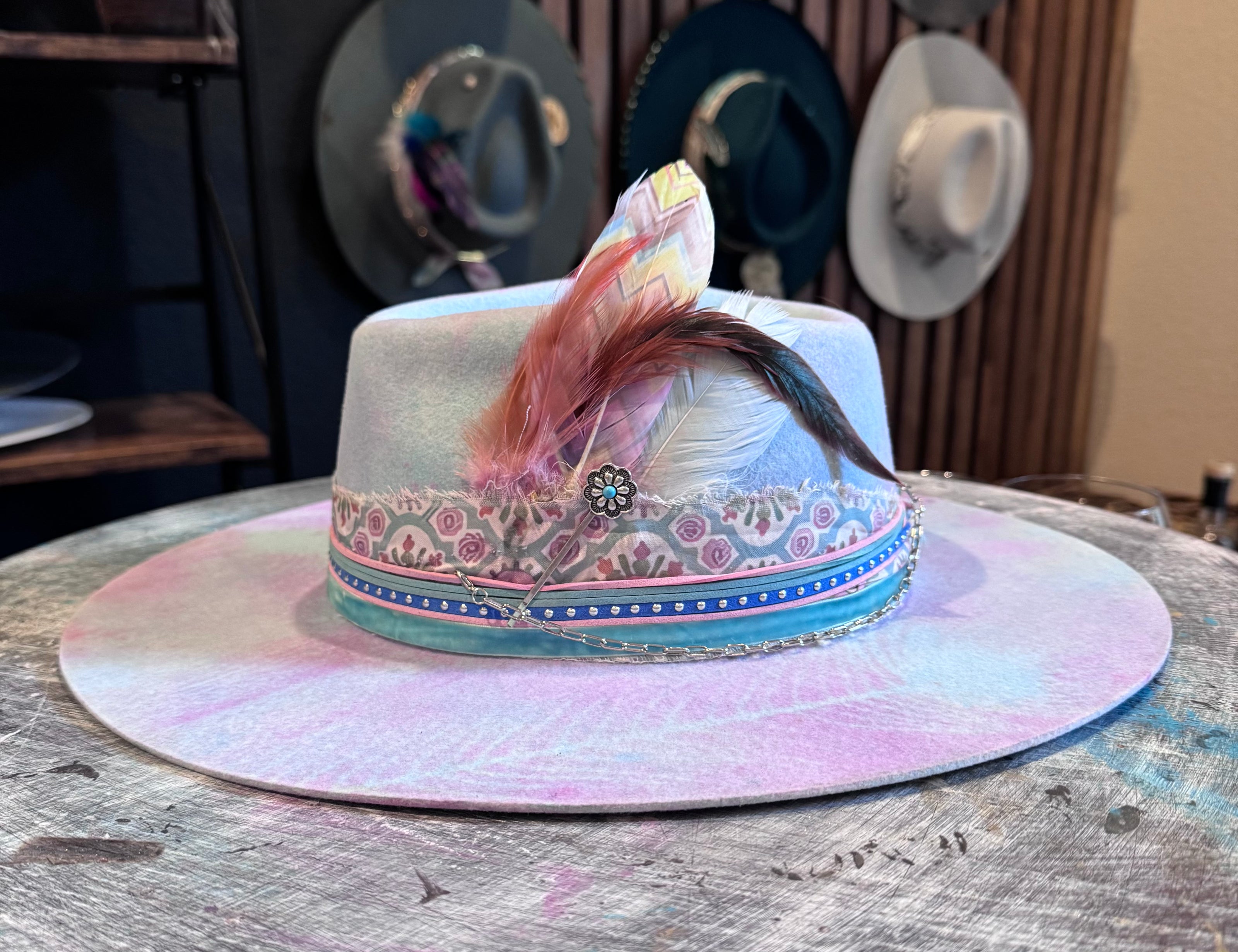 The Maisie- Pastel Blue and PInk Hand Painted Felt Design - VH and the maddhattery -Large