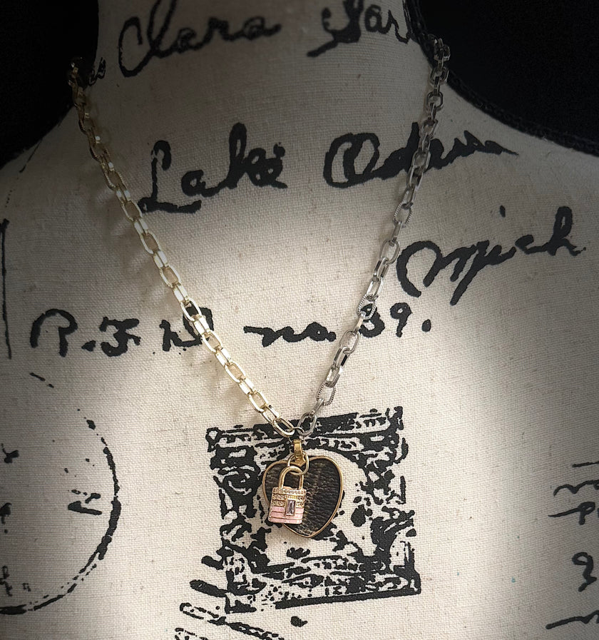 Real LV Leather heart pendant necklace - gold and silver chain