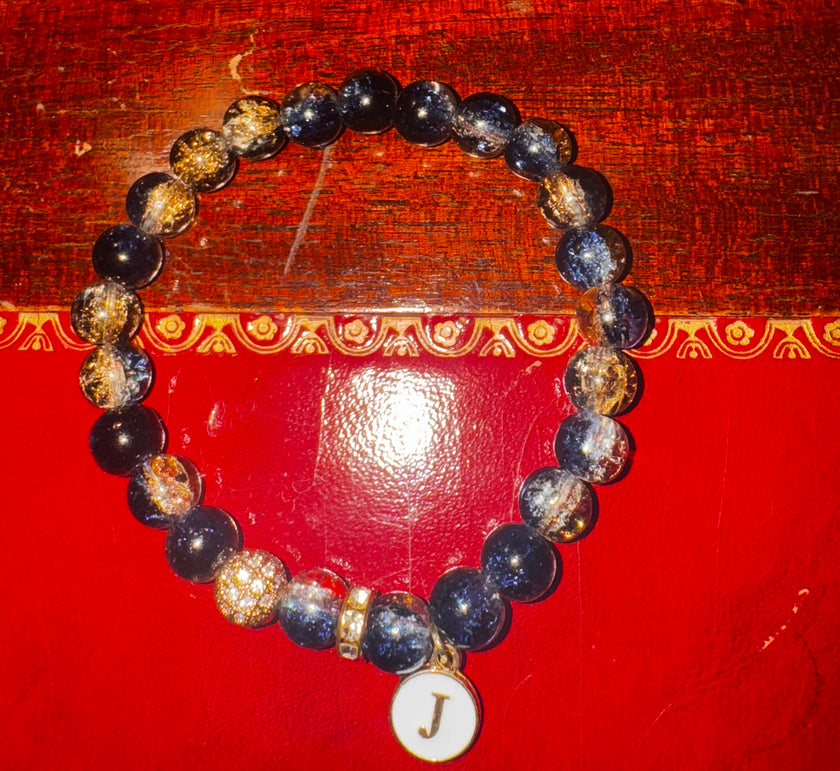 Blue glass beaded bracelets- gold accents with personalized initials
