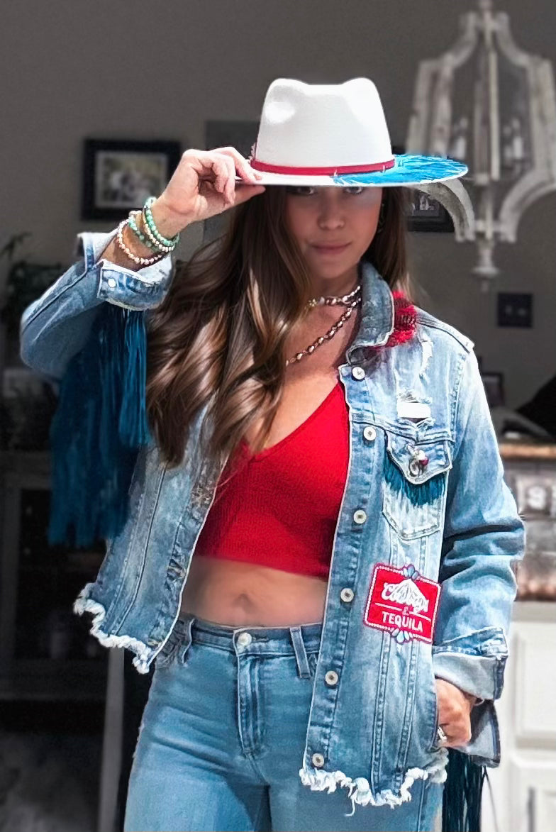 Turquoise Fringe Recycled KanCan Denim Jacket- Large one-of-a-kind