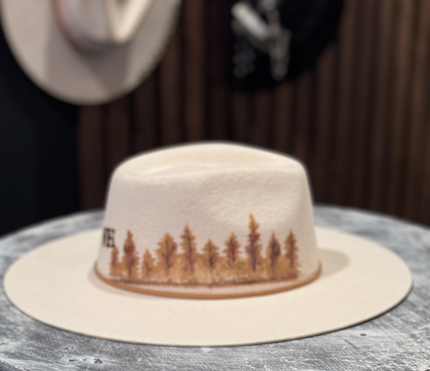 Hand Painted Trees Ivory Felt Hat - XL