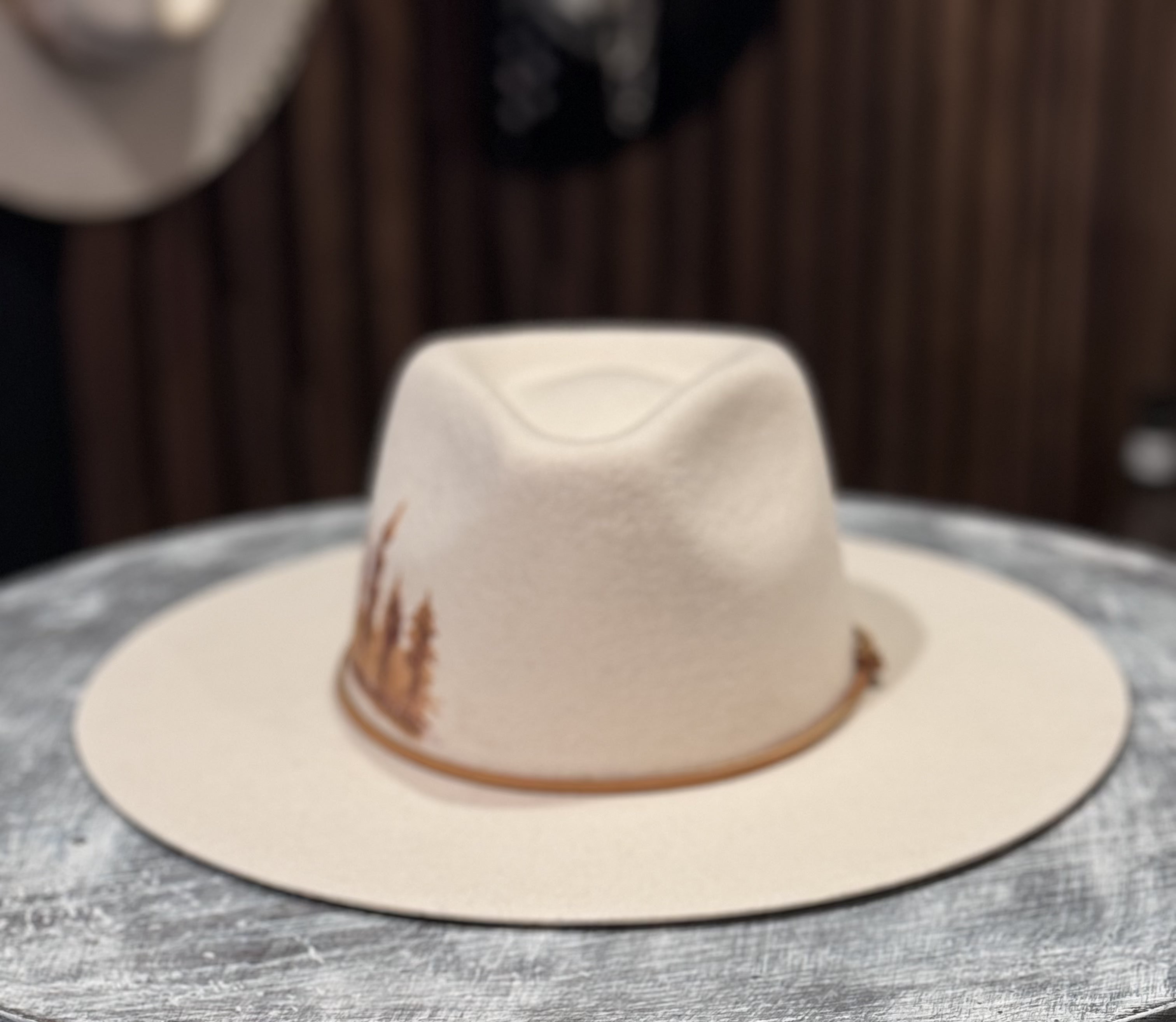 Hand Painted Trees Ivory Felt Hat - XL