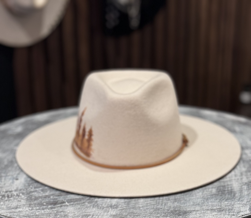 Hand Painted Trees Ivory Felt Hat - XL