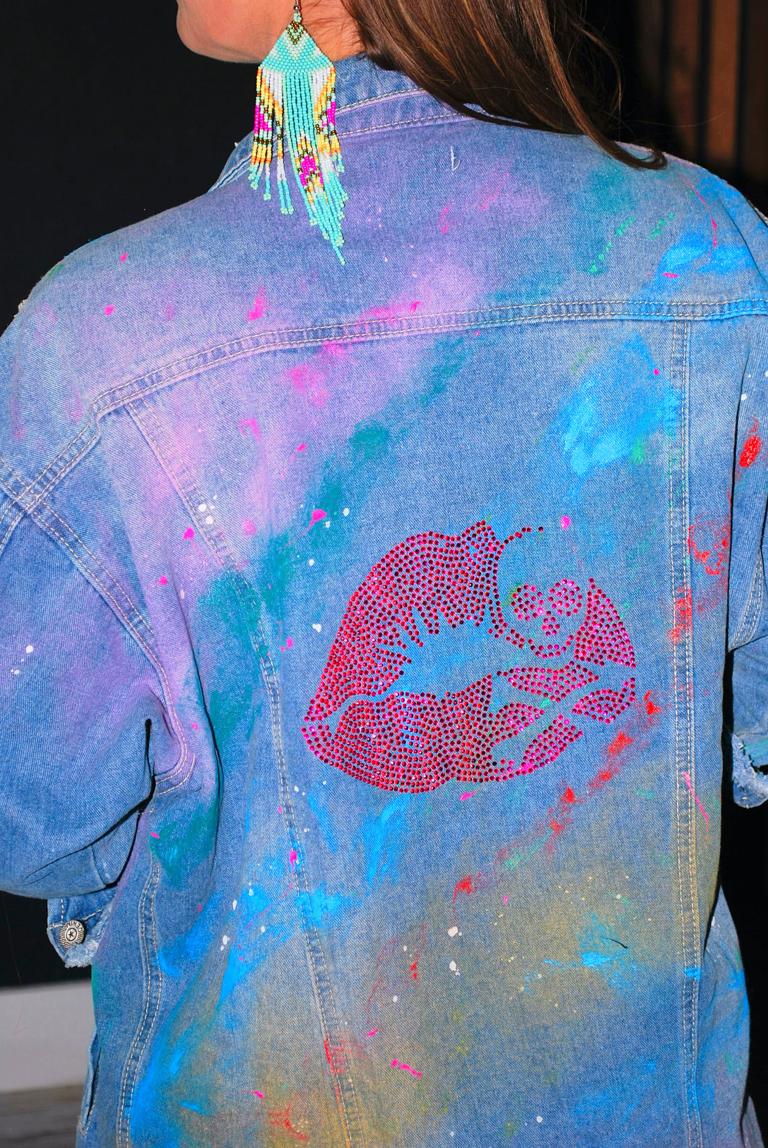 SOLD Graffiti Pink Rhinestone Lips Denim Jacket