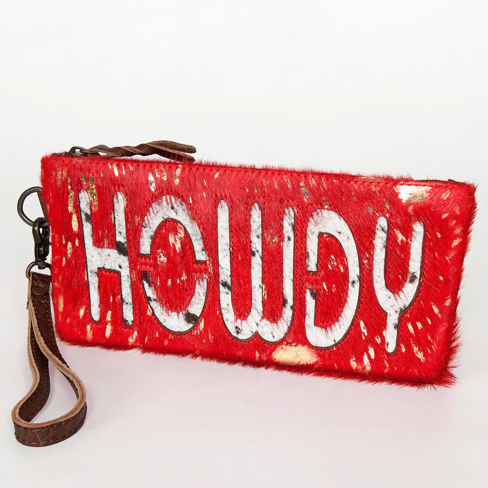 HOWDY Wristlet Genuine Western Leather Women Bag - PINK and RED