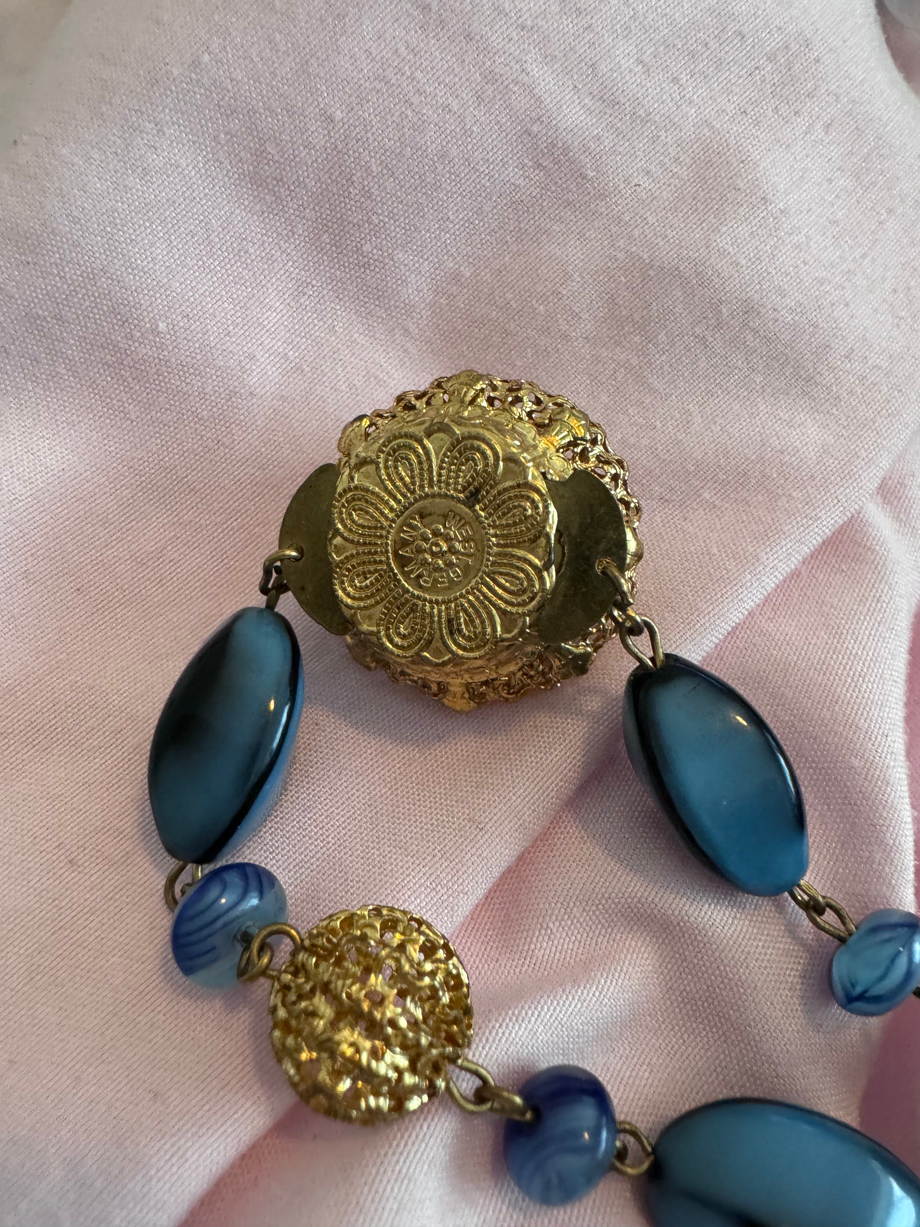 SOLD Unique Blue beaded with Antique Gold Crown Necklace