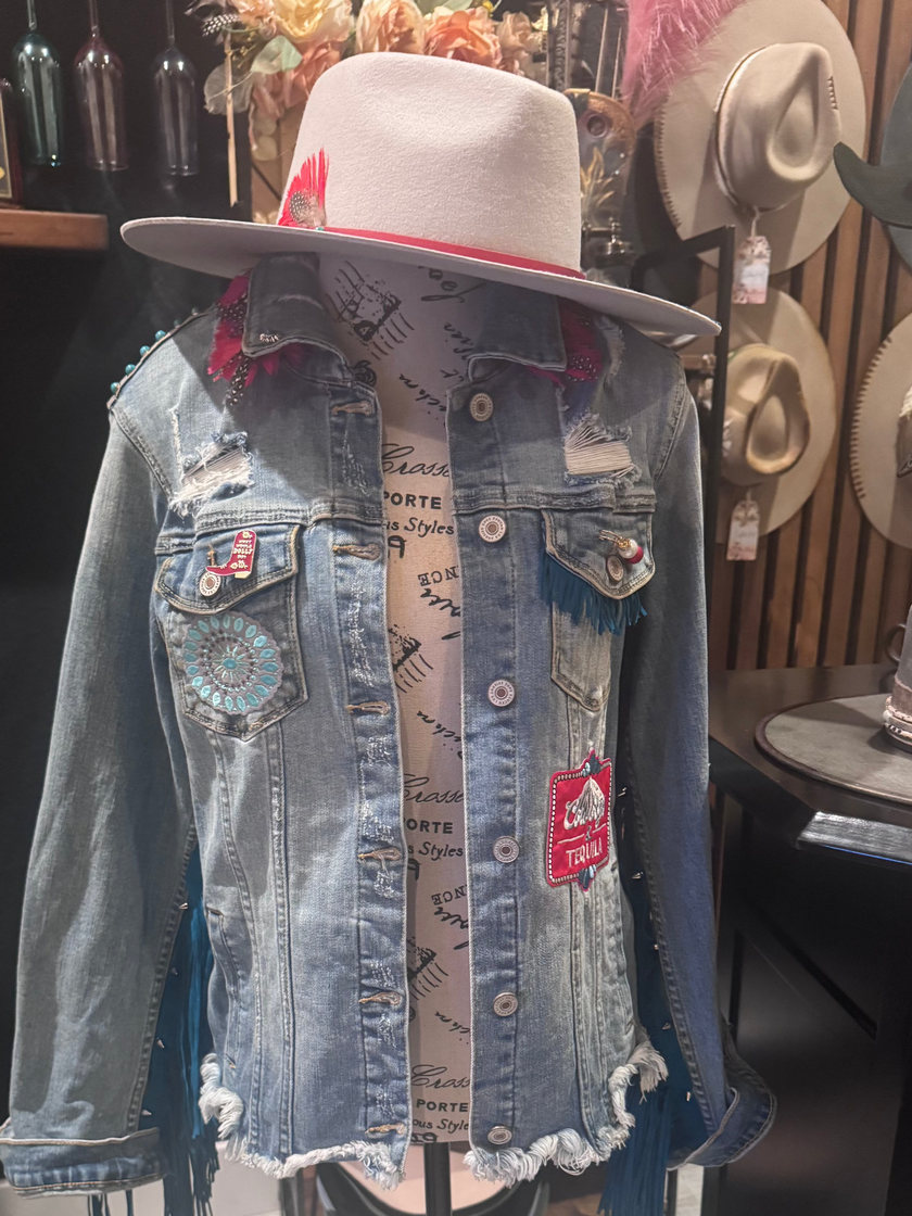 Turquoise Fringe Recycled KanCan Denim Jacket- Large one-of-a-kind