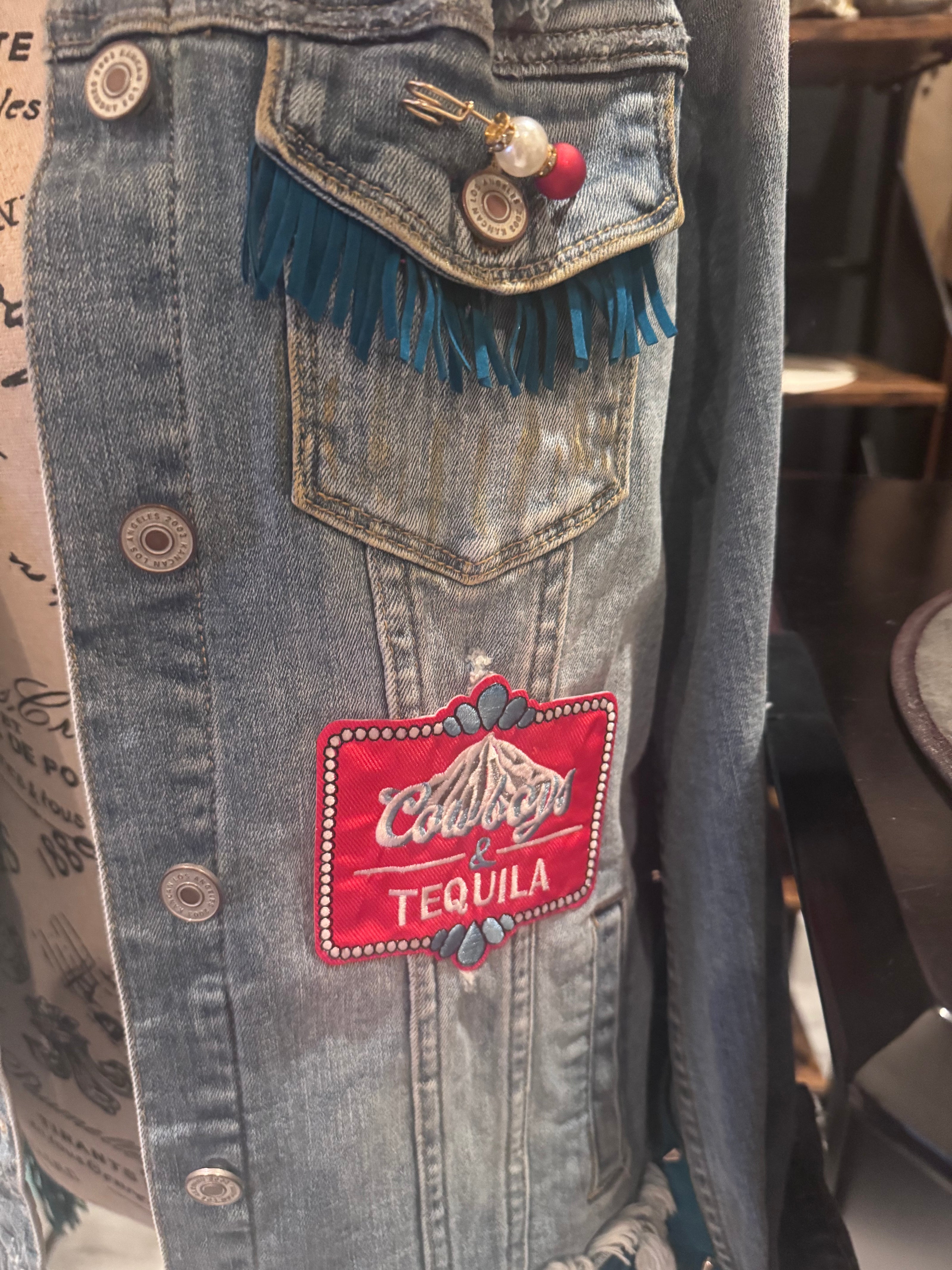 Turquoise Fringe Recycled KanCan Denim Jacket- Large one-of-a-kind