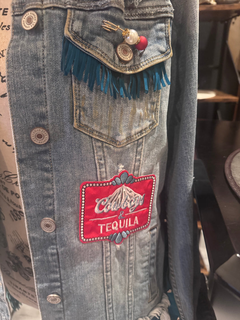 Turquoise Fringe Recycled KanCan Denim Jacket- Large one-of-a-kind