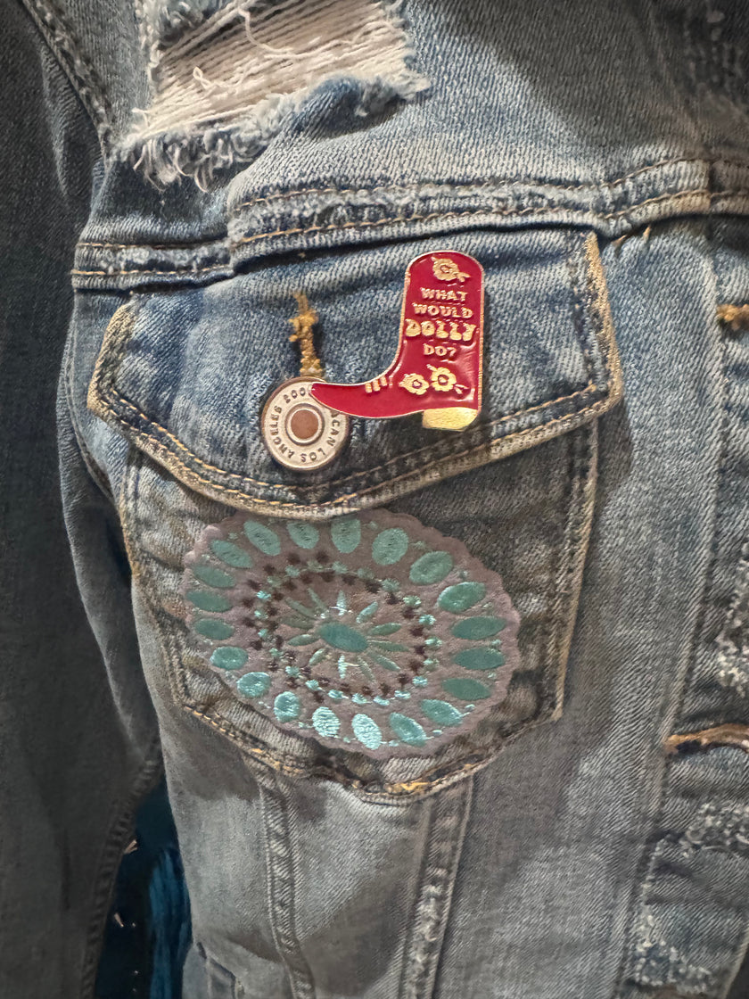 Turquoise Fringe Recycled KanCan Denim Jacket- Large one-of-a-kind