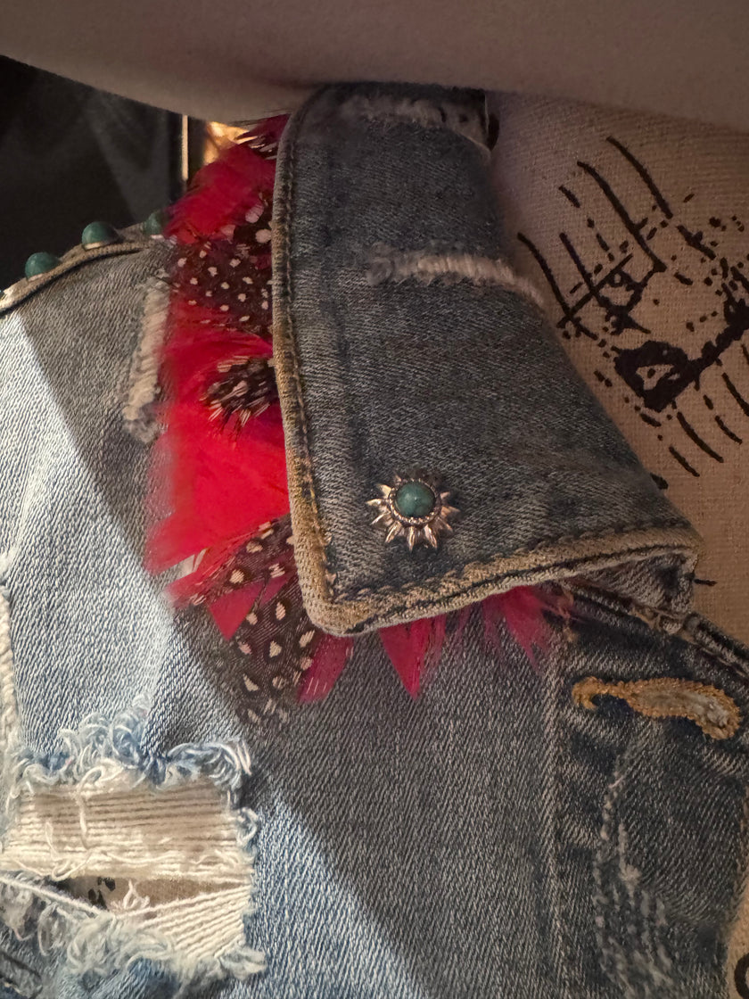Turquoise Fringe Recycled KanCan Denim Jacket- Large one-of-a-kind