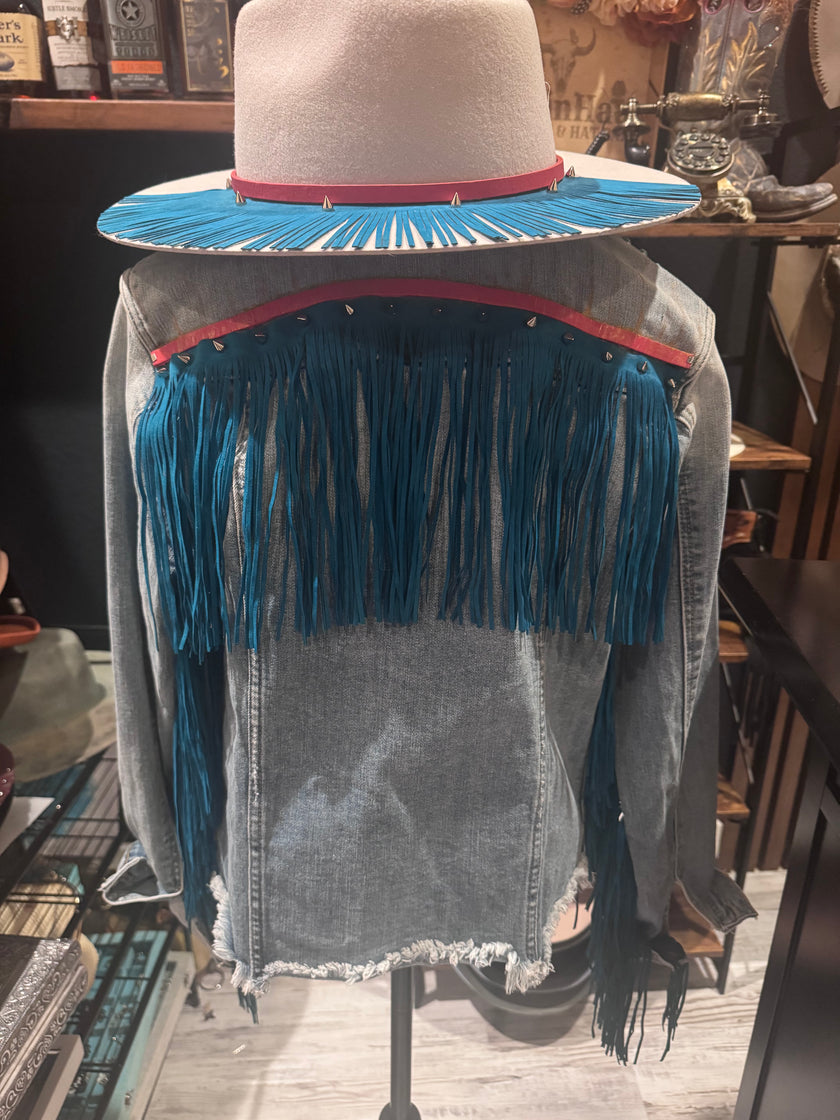 Turquoise Fringe Recycled KanCan Denim Jacket- Large one-of-a-kind