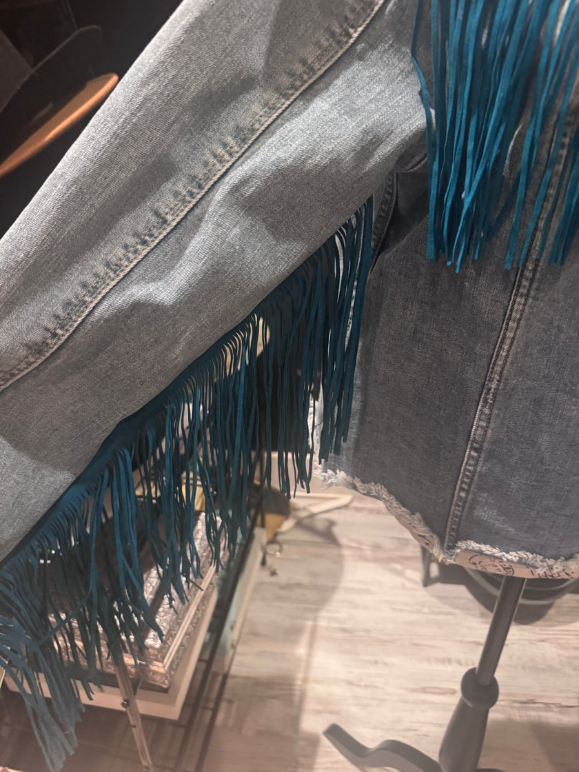 Turquoise Fringe Recycled KanCan Denim Jacket- Large one-of-a-kind