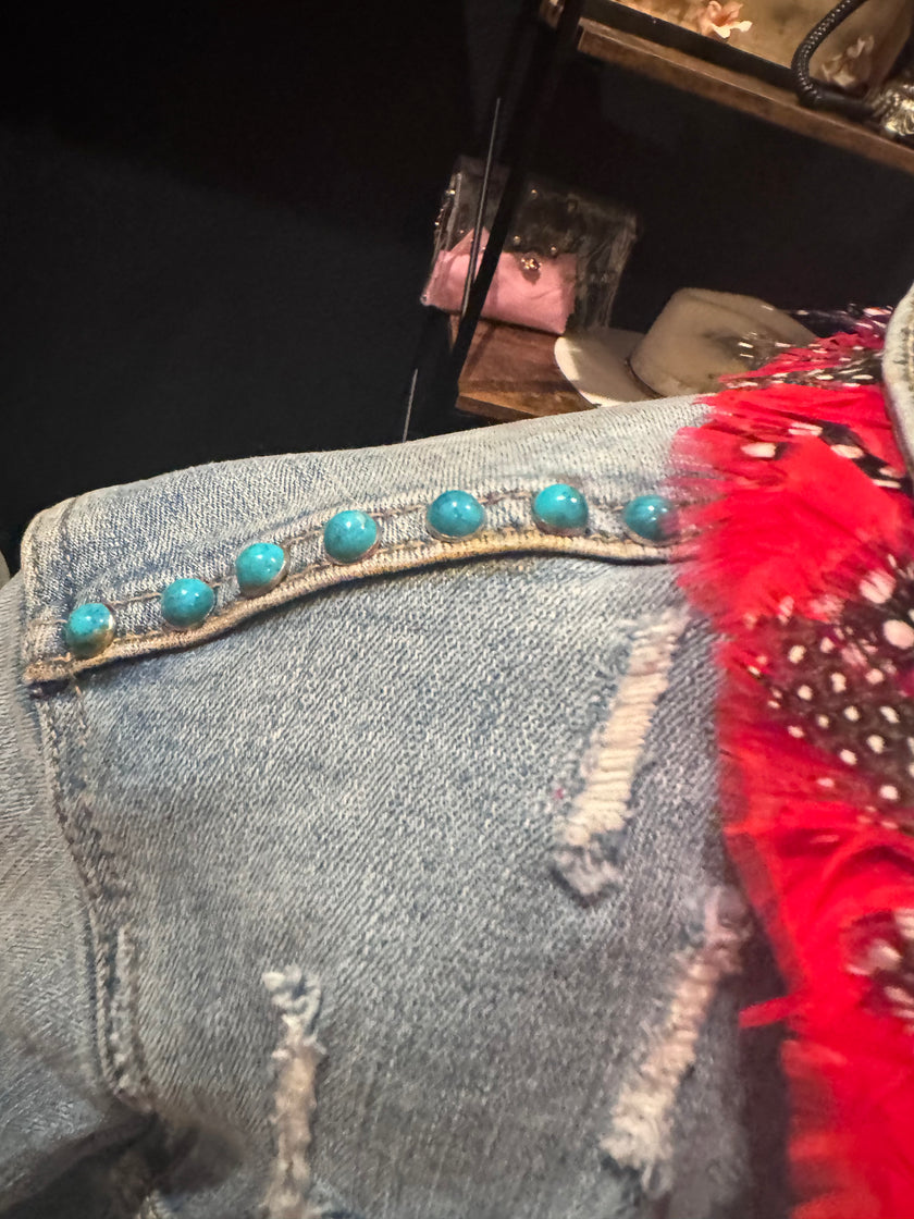 Turquoise Fringe Recycled KanCan Denim Jacket- Large one-of-a-kind