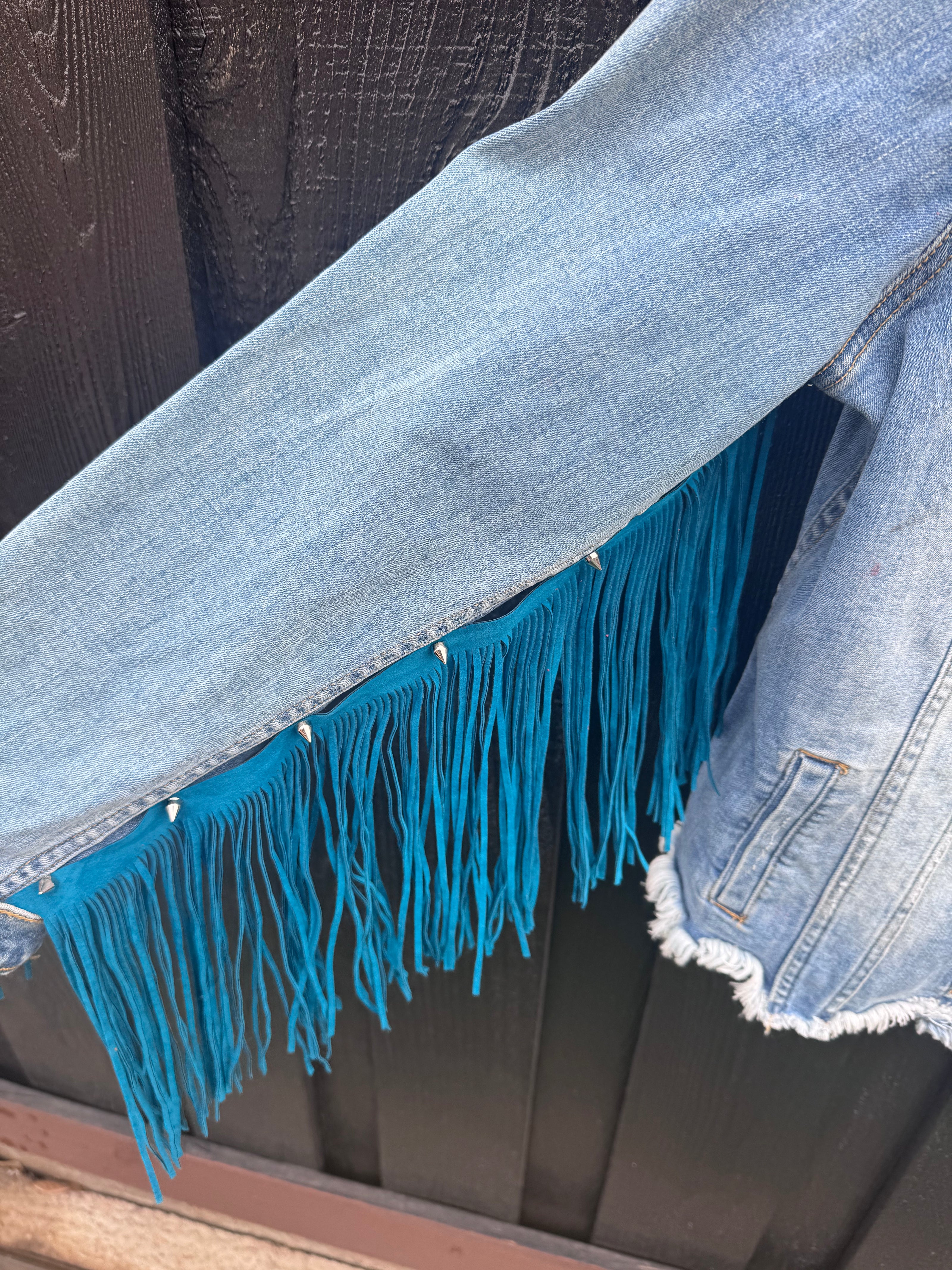 Turquoise Fringe Recycled KanCan Denim Jacket- Large one-of-a-kind