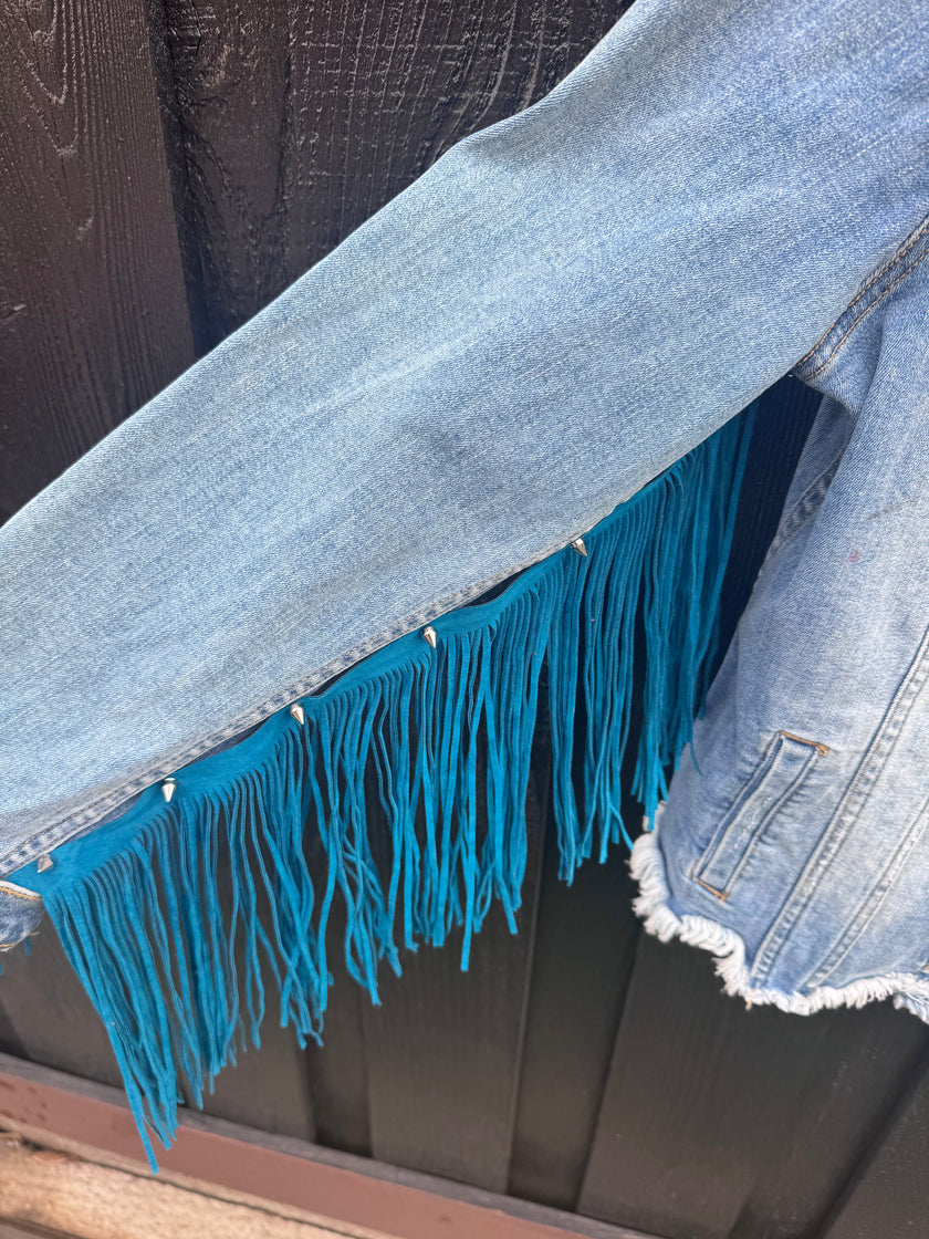 Turquoise Fringe Recycled KanCan Denim Jacket- Large one-of-a-kind