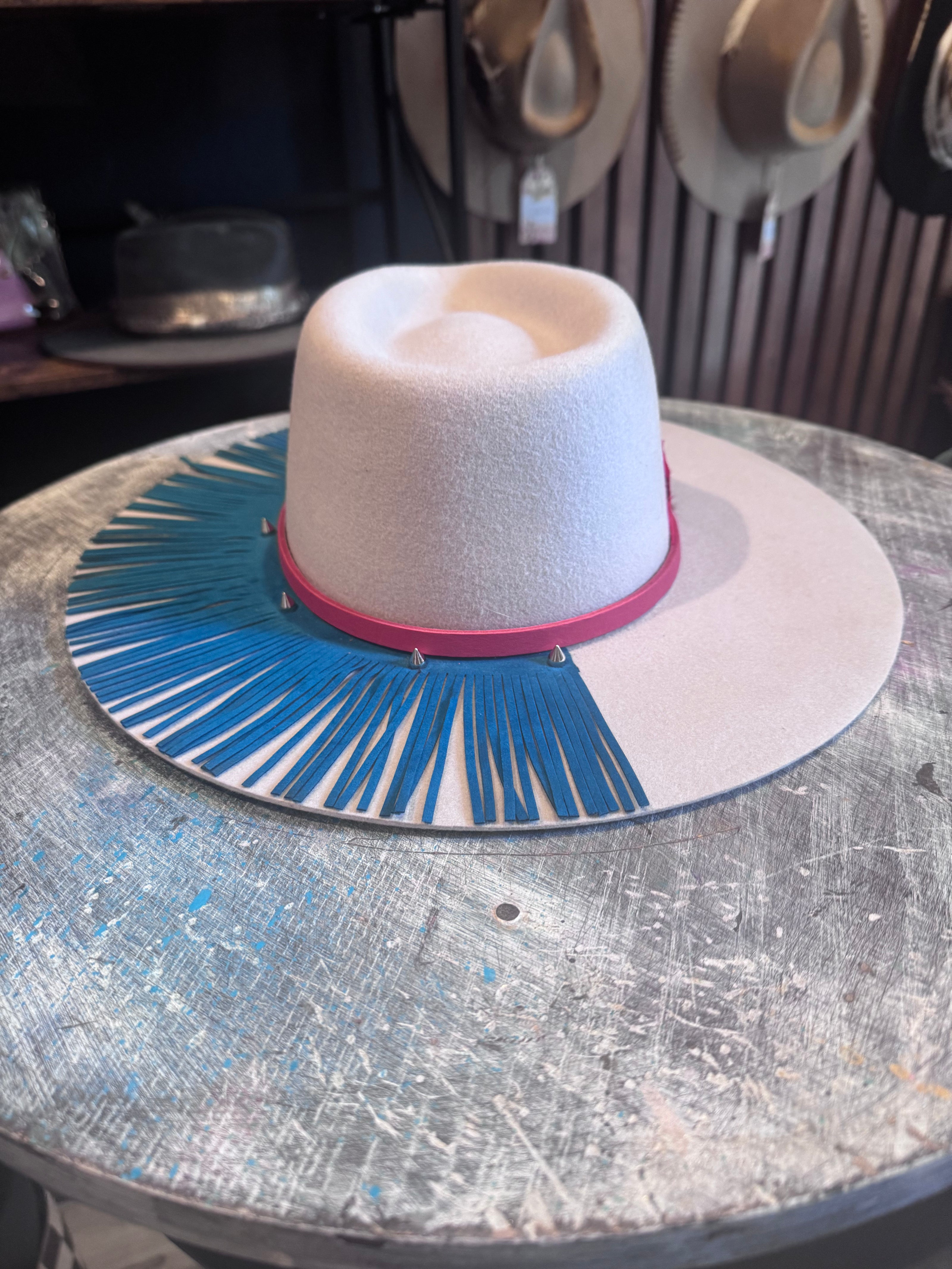 Ivory Australian Wool Felt with Turquoise Fringe and Red leather band - Medium