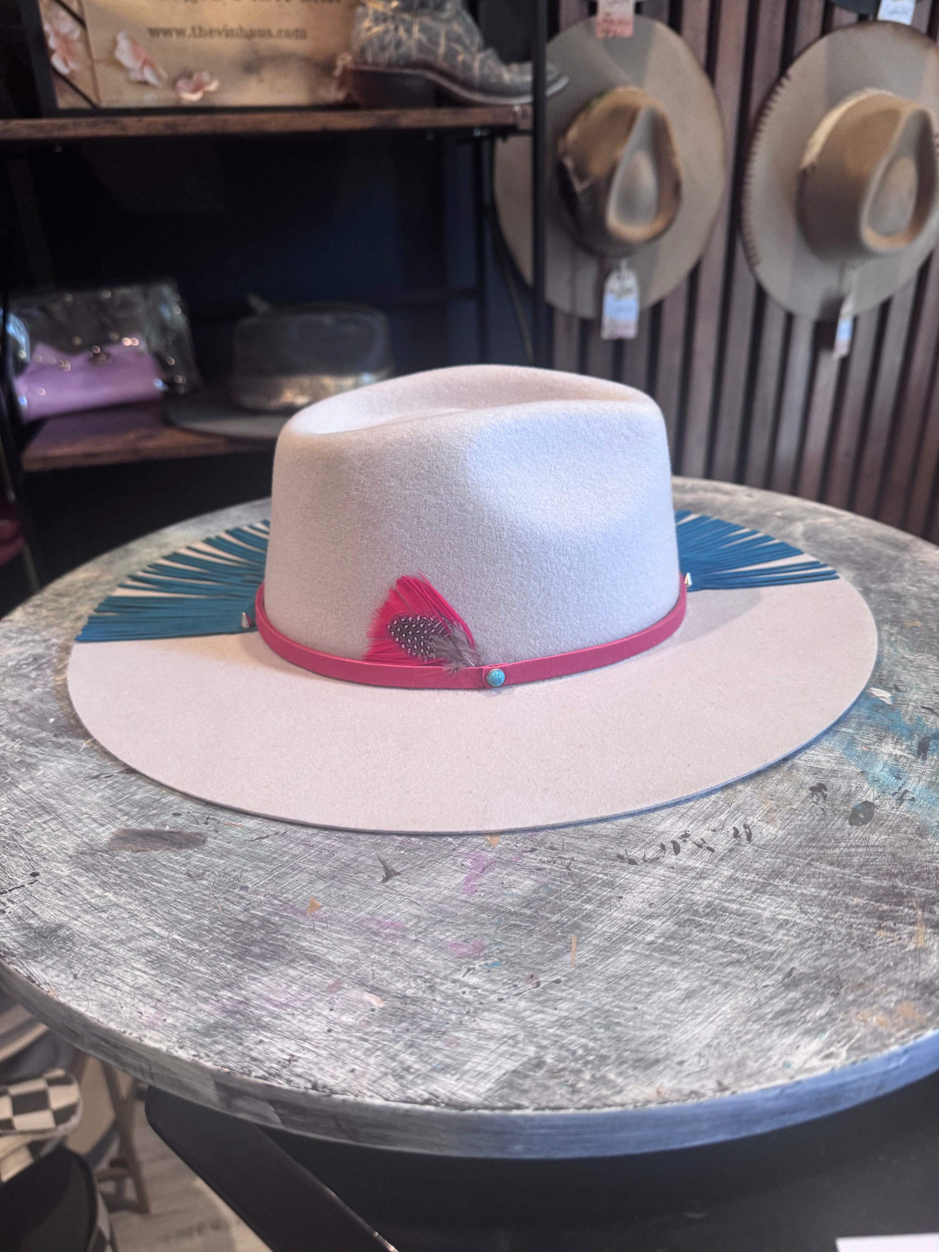 Ivory Australian Wool Felt with Turquoise Fringe and Red leather band - Medium