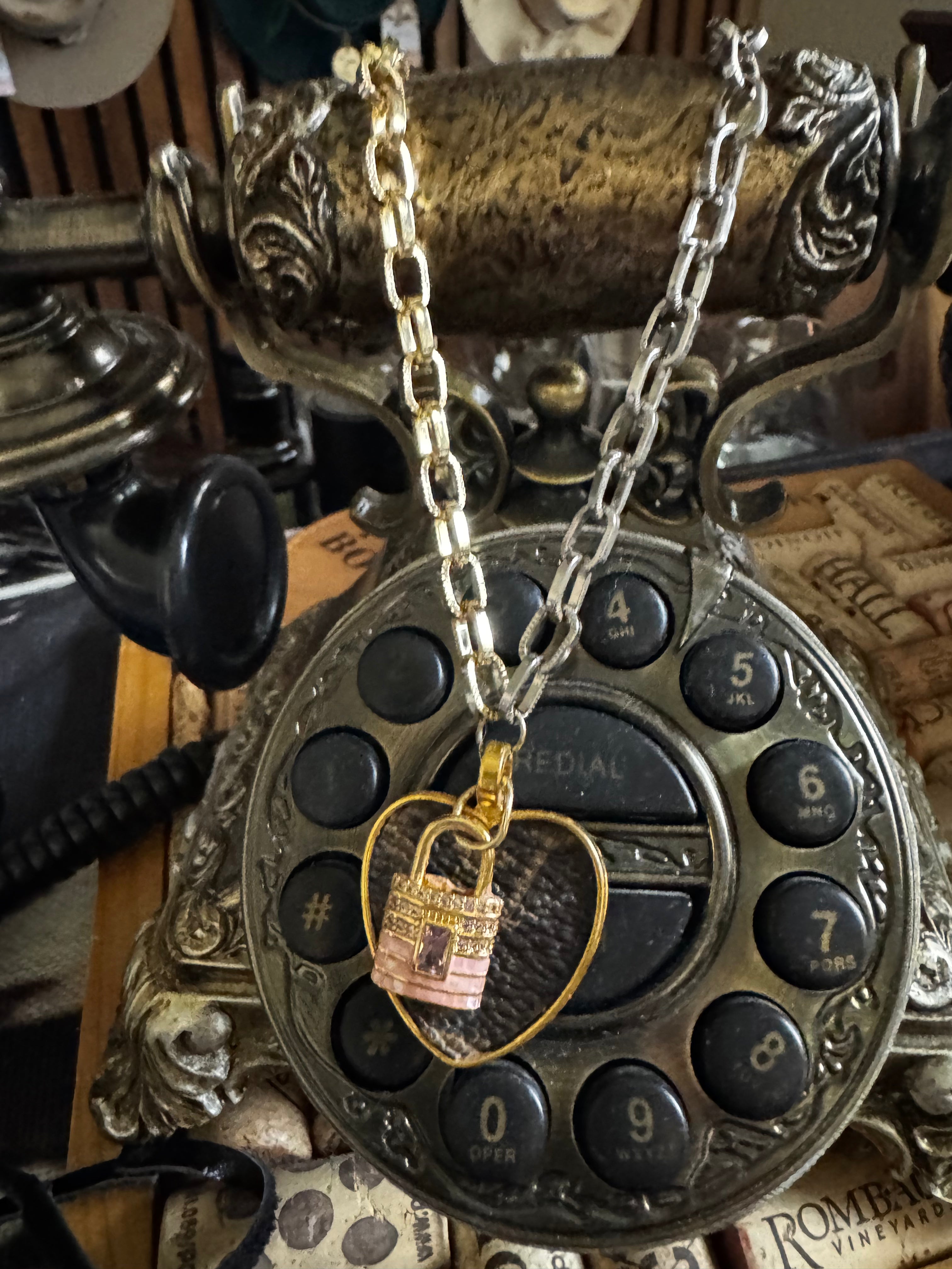 Real LV Leather heart pendant necklace - gold and silver chain