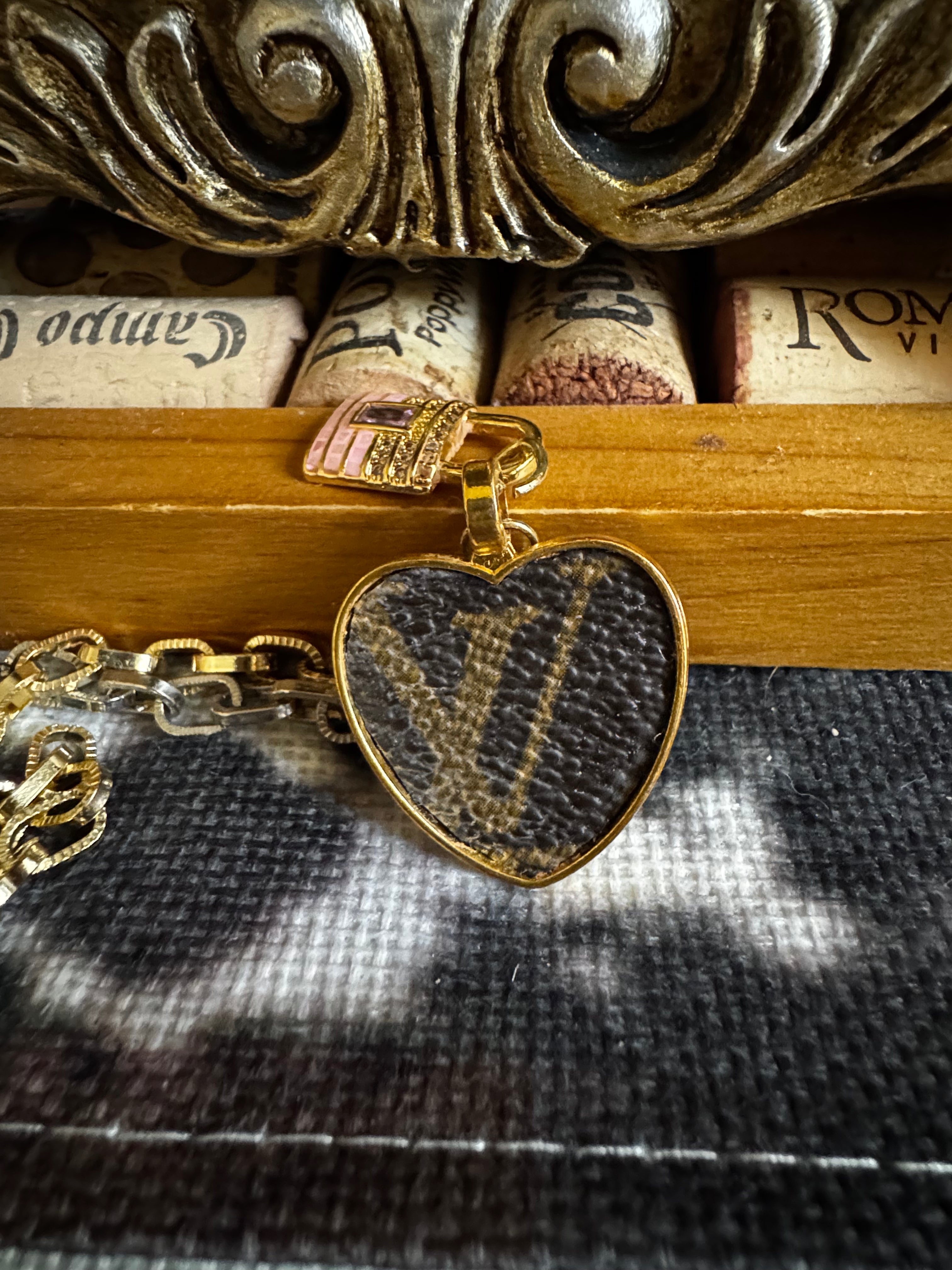 Real LV Leather heart pendant necklace - gold and silver chain
