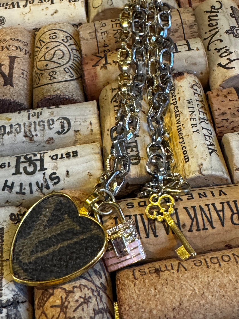 Real LV Leather heart pendant necklace - gold and silver chain