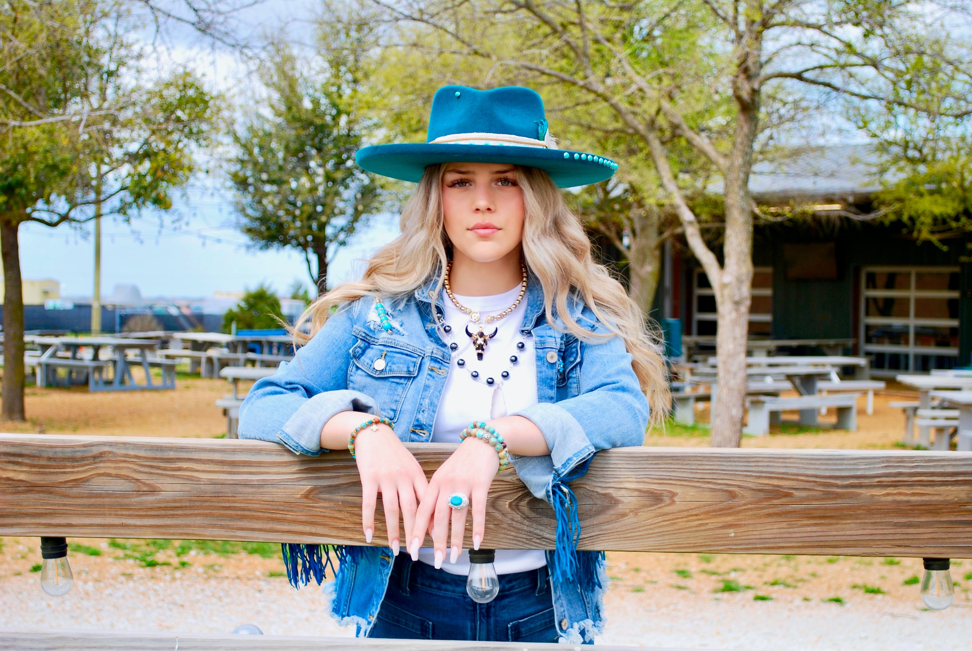 The Lainey - Turquoise Felt Wide Brim Design - one-of-a-kind