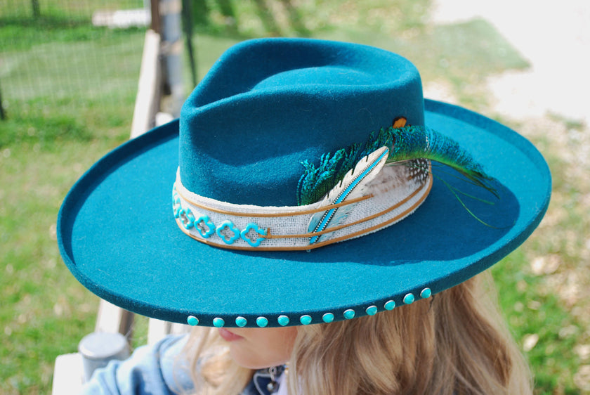 The Lainey - Turquoise Felt Wide Brim Design - one-of-a-kind