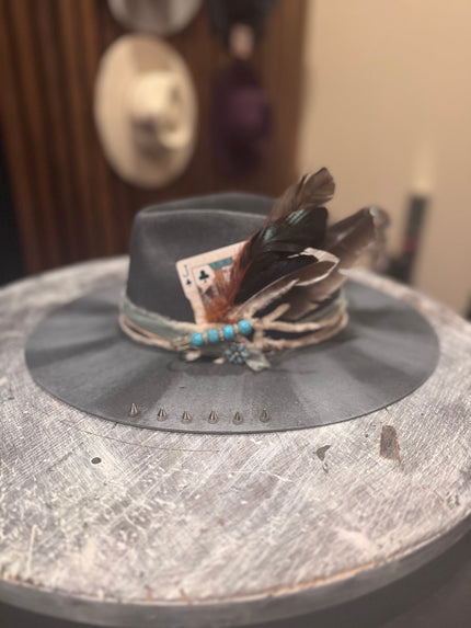 The Dixie - Dirty Blue Felt Hat Sand Striped with Blue trim and card - Large