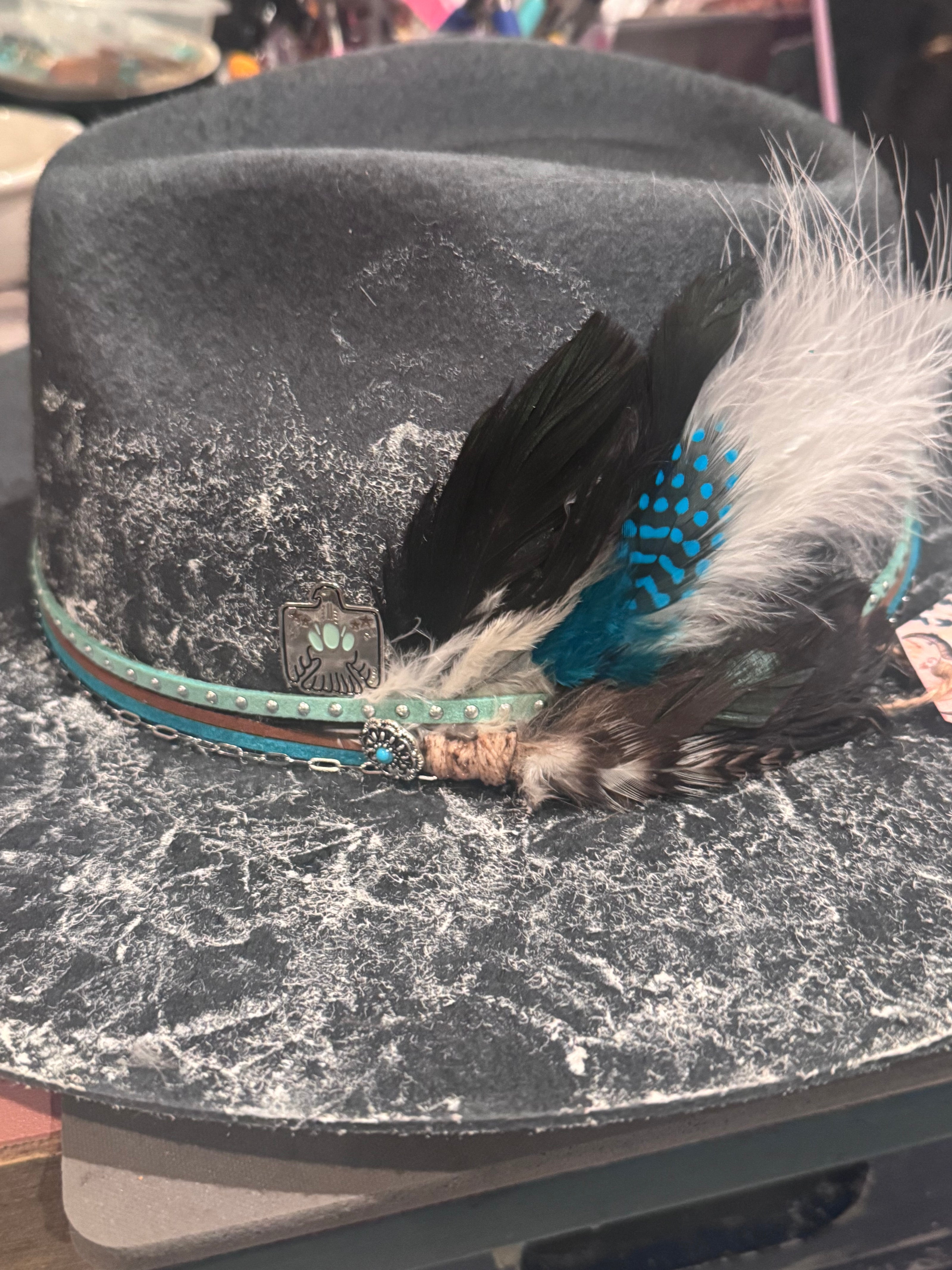 The Indie - Dusty Blue Felt Hat with Painted Flower Print - Large