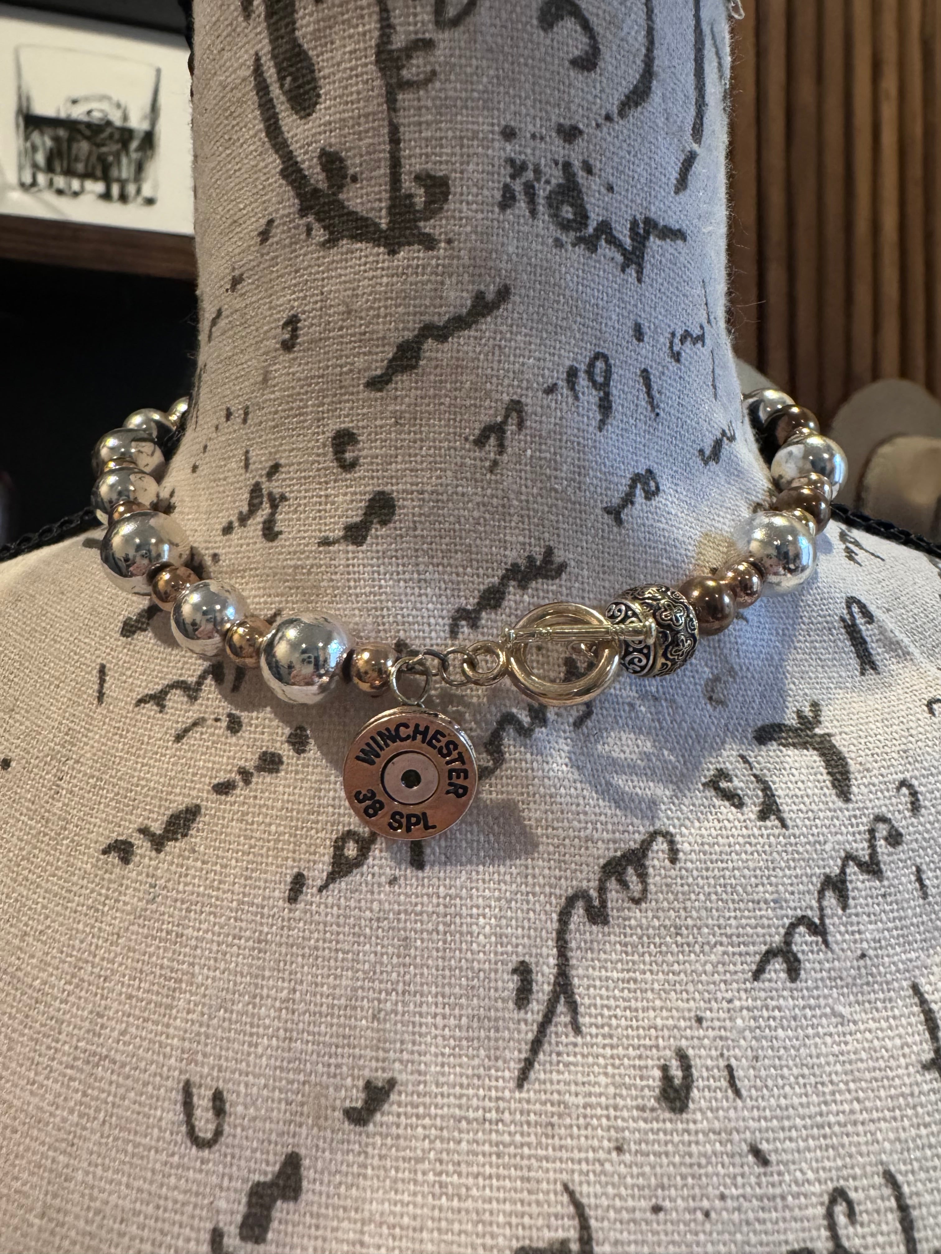 Silver Hematite Beaded Choker Necklace with Winchester Bullet Pendent