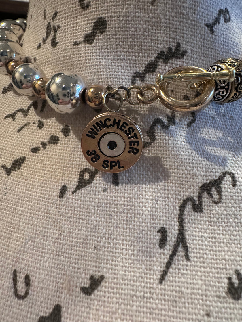 Silver Hematite Beaded Choker Necklace with Winchester Bullet Pendent