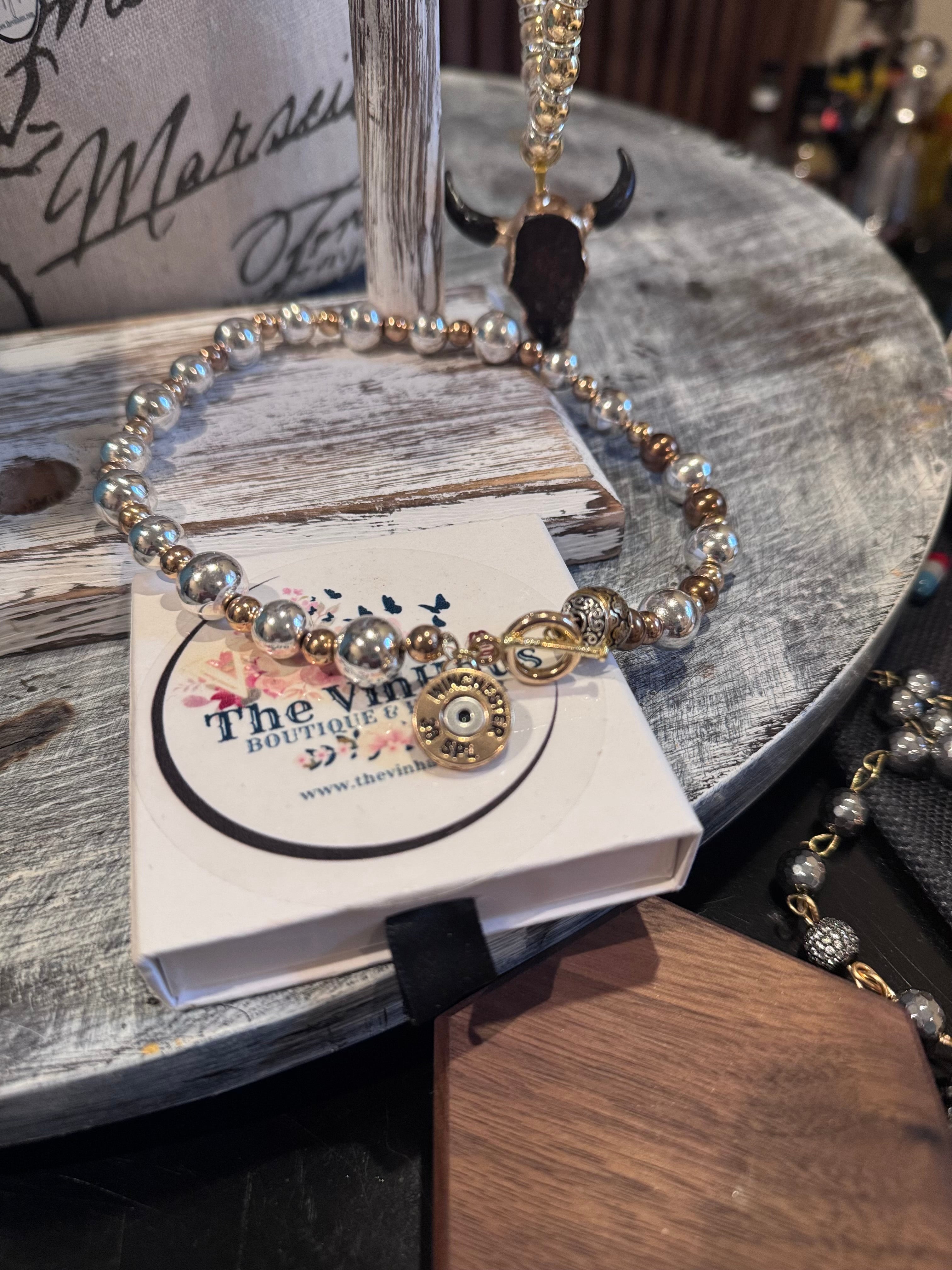 Silver Hematite Beaded Choker Necklace with Winchester Bullet Pendent