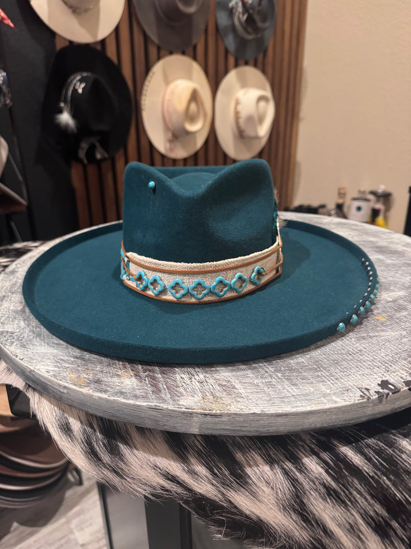 The Lainey - Turquoise Felt Wide Brim Design - one-of-a-kind