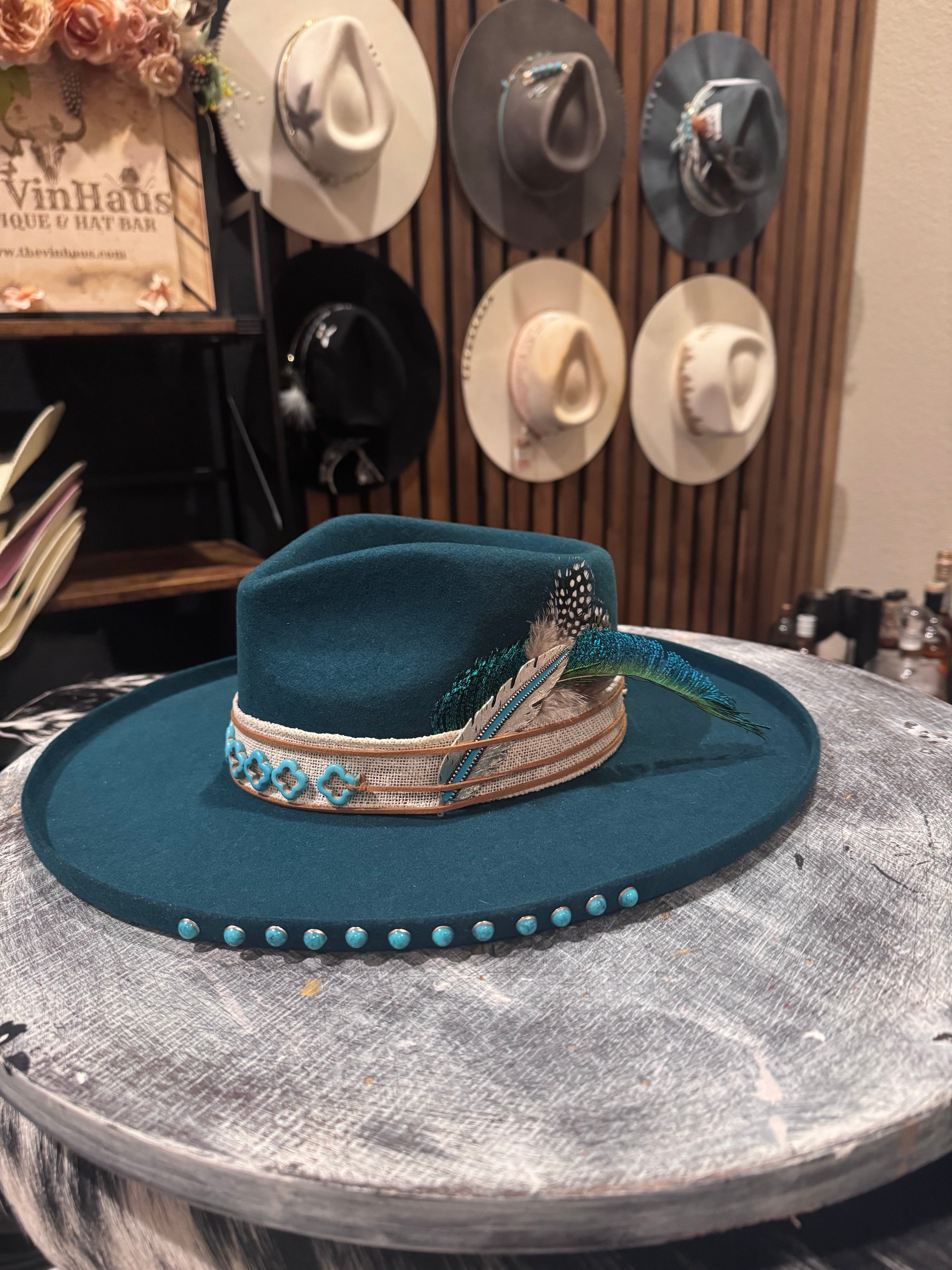 The Lainey - Turquoise Felt Wide Brim Design - one-of-a-kind