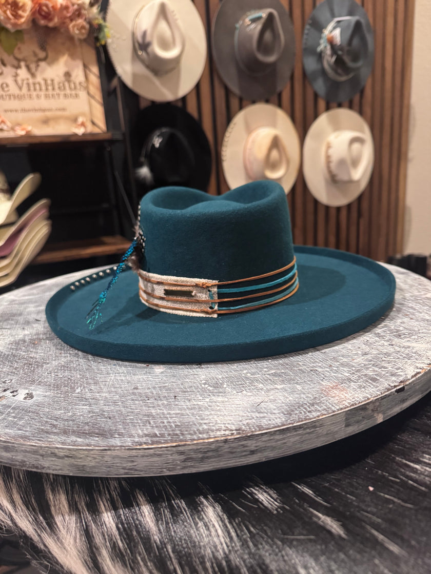 The Lainey - Turquoise Felt Wide Brim Design - one-of-a-kind
