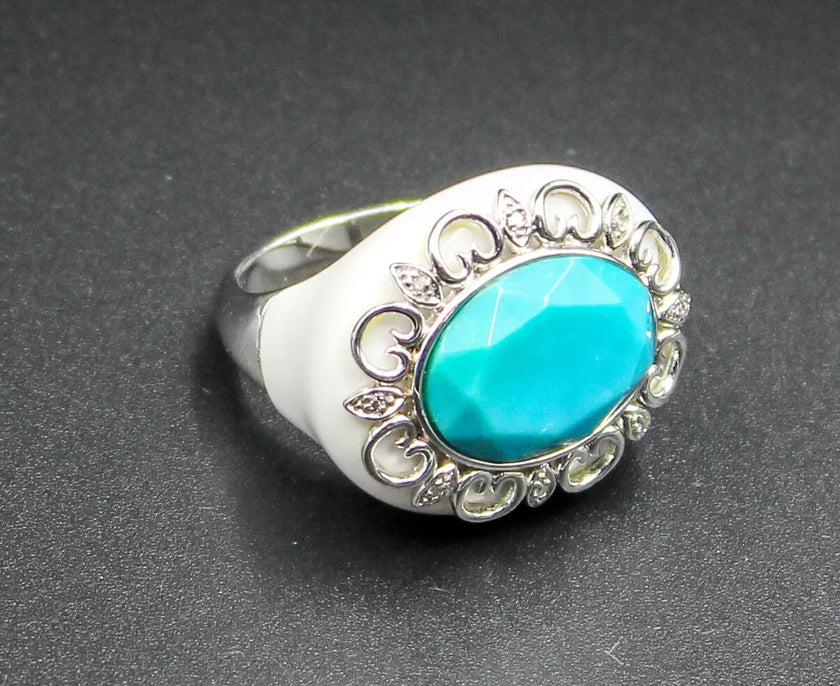 White Agate & Turquoise Stone 925 Sterling Silver Ring Size 6