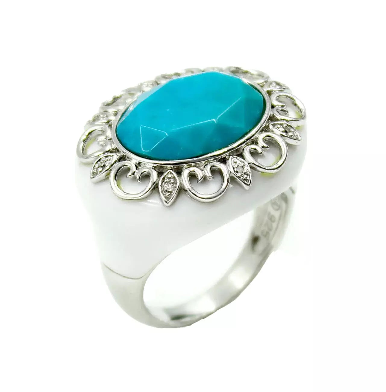 White Agate & Turquoise Stone 925 Sterling Silver Ring Size 6