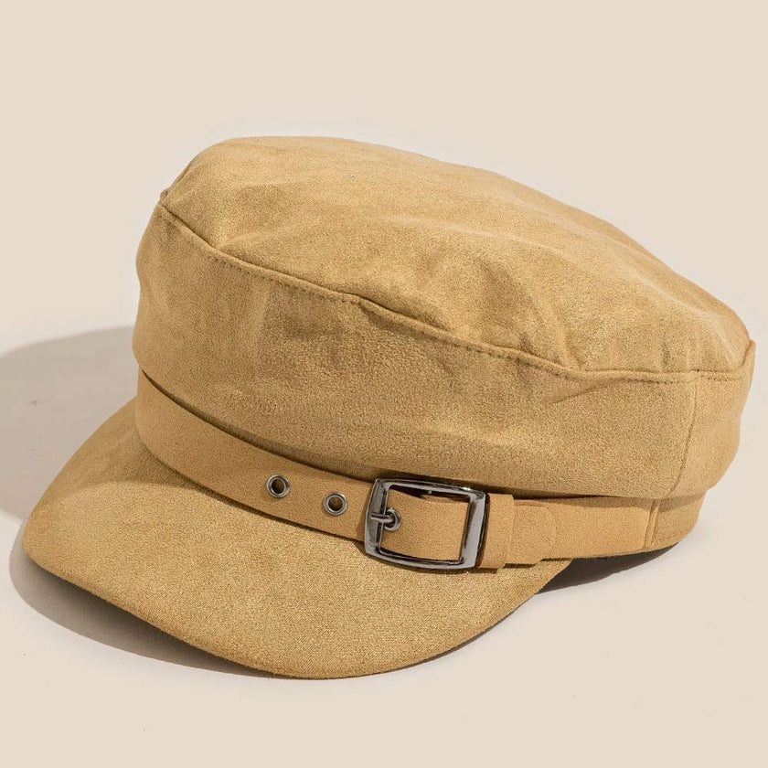 Faux Suede Belt Accent Beret Hat: Mustard