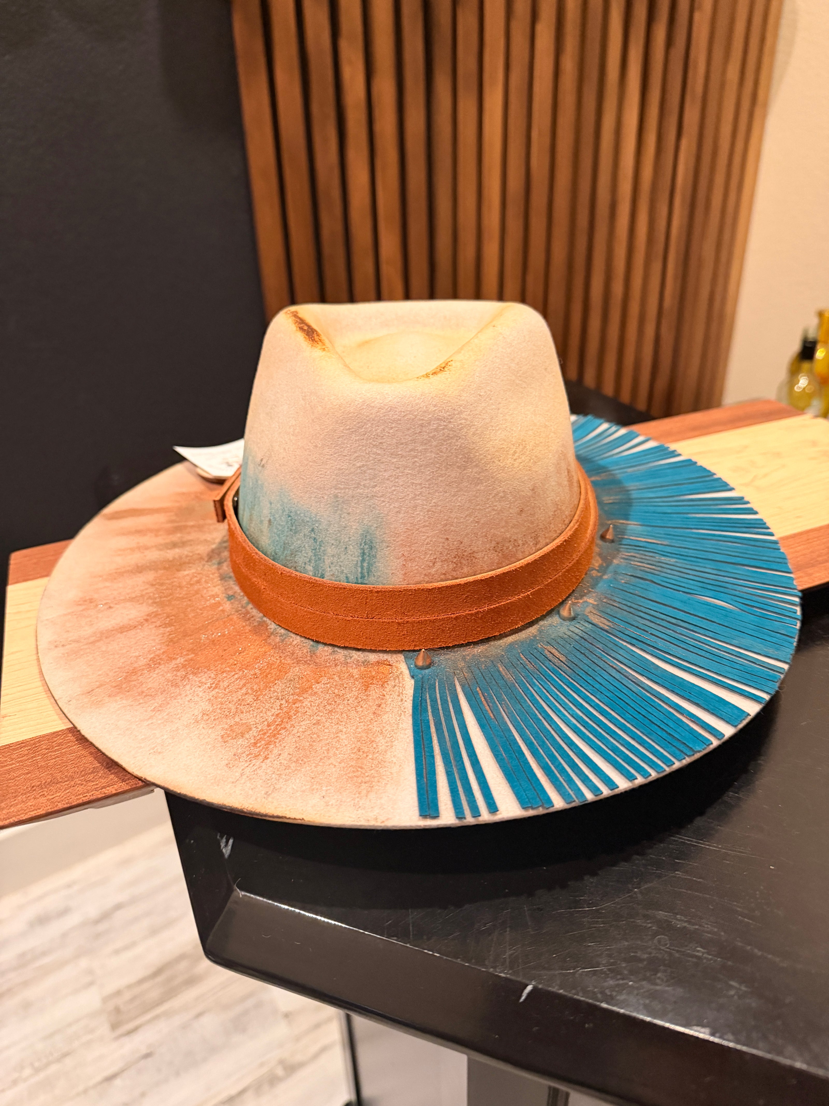 Ivory Australian Wool Felt with Turquoise Fringe and Rust accents - Medium