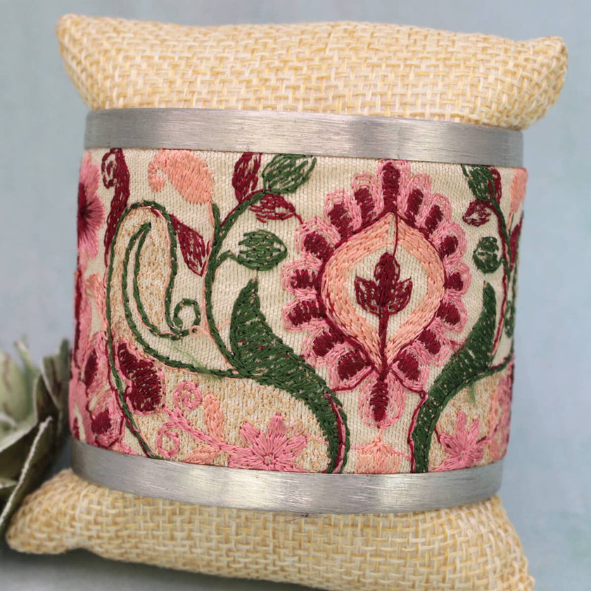 Vintage Floral Pink Embroidered Cuff Bracelet