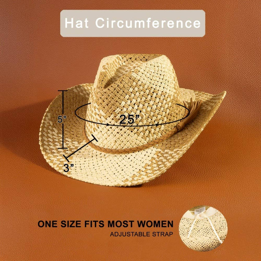 Two Tone Straw Braided Patches Color Block Cowboy Hat