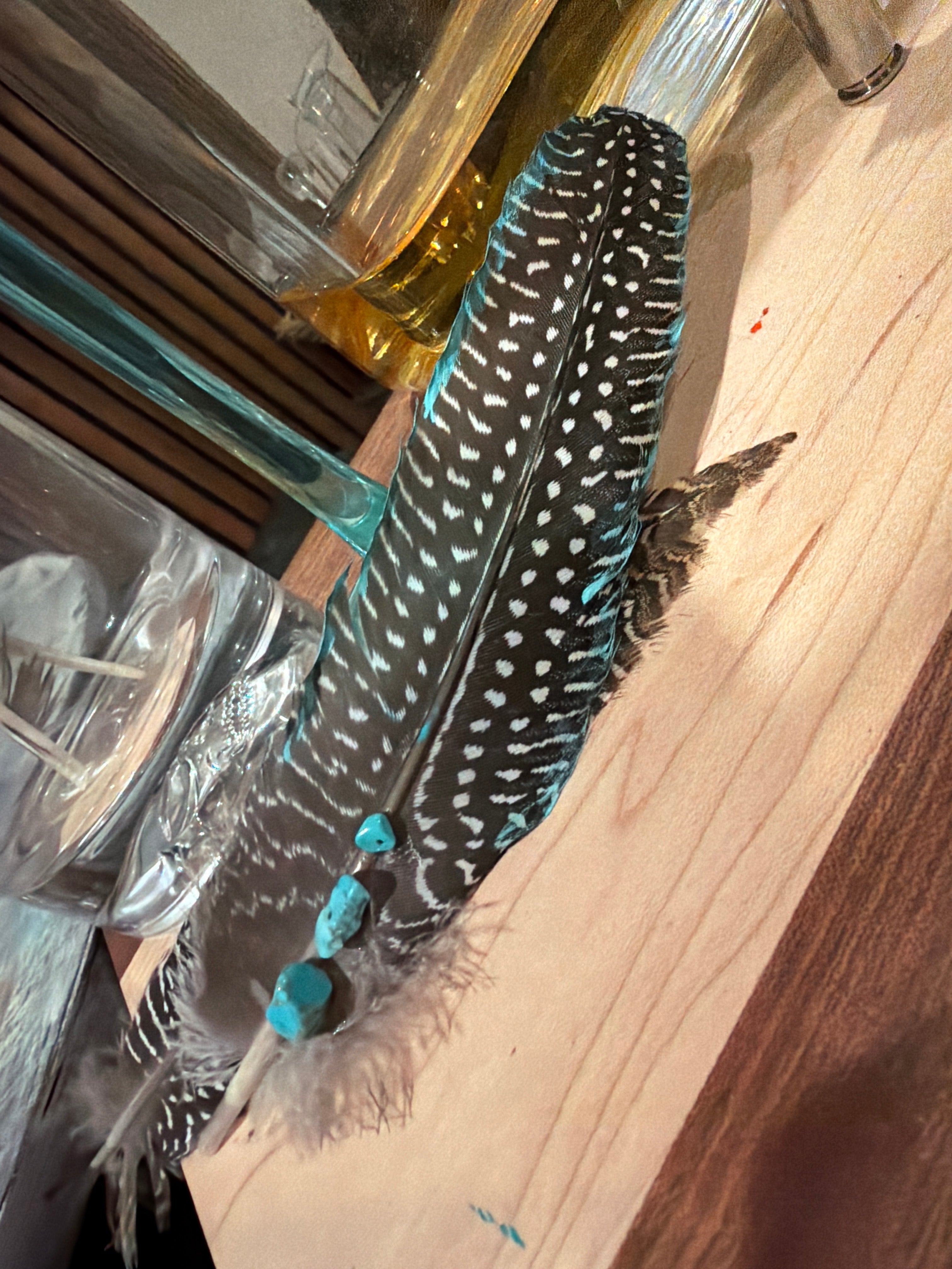 Natural Guinea Fowl Wing Feather with Turquoise Handmade Accents
