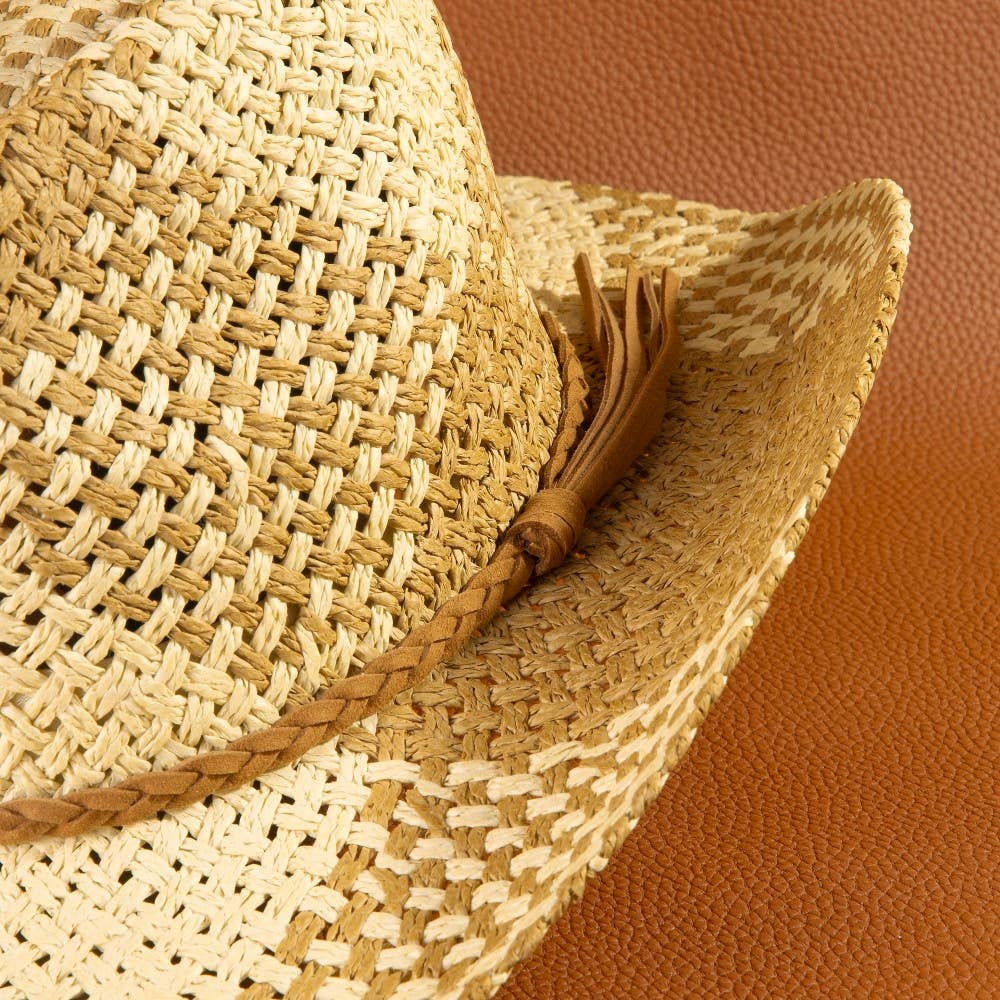 Two Tone Straw Braided Patches Color Block Cowboy Hat